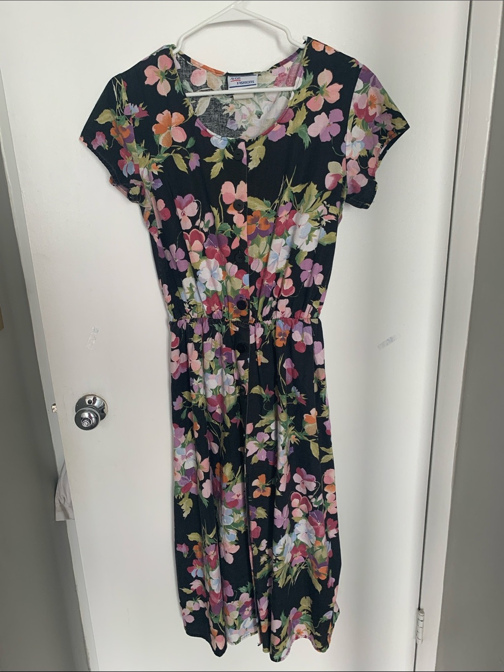 Button-Front Black Floral Maxi Dress with Pink & Green Blooms